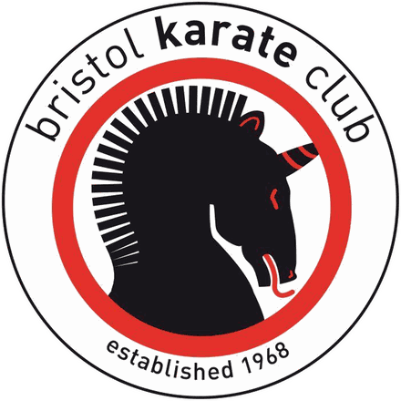 Bristol Karate Club badge: a black unicorn in a red ring, established 1968