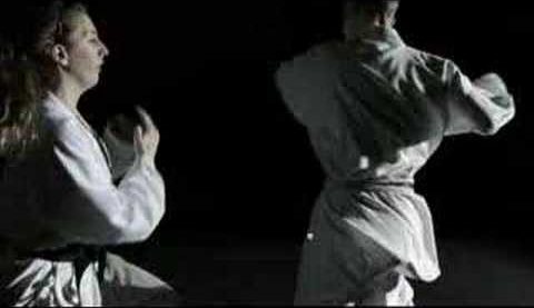 Still from the documentary: two karateka sparring under a spotlight